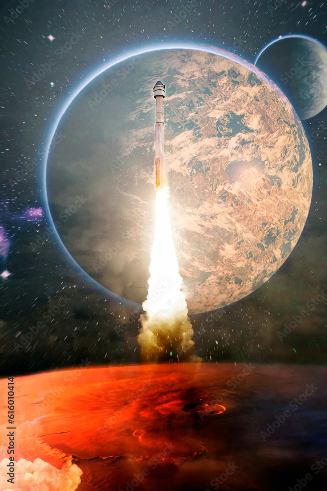 Wall mural dark space shuttle launch in the clouds with stars on background.spaceship flight. elements of this 