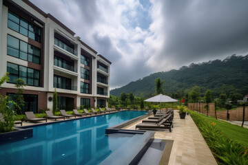 Splendid hotel, nestled amidst a picturesque landscape, offering breathtaking views of the surrounding mountains and lush forests. Exterior view with swimming pool