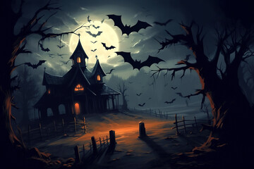 Mystical halloween horror illustration. Bats, abandoned country house, full moon and forest at night