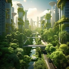 Obraz premium Spectacular eco-futuristic cityscape full with greenery, skyscrapers, parks, and other manmade green spaces in urban area. Green garden in modern city