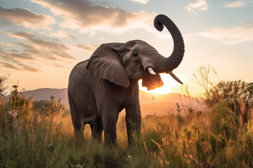 an elephant that is standing in the grass and looking into the distance with its trunk stretched over it's head