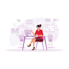 Call center agent, a young woman, working in a friendly manner, using a headset at the office table. Trend Modern vector flat illustration.