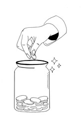 hand drawn doodle put coin into box or jar charity donation illustration icon isolated