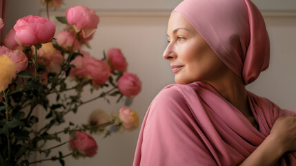 A beautiful woman with breast cancer poses for a photo next to beautiful roses, dressed in pink.