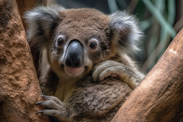Fototapeta premium a koalai in a tree with its head hanging over the top of it's trunk, looking into the camera lens