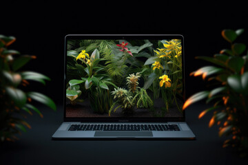 Laptop displaying tropical flowers and forest. Nature and technology theme