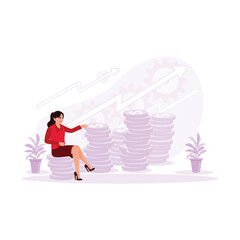Businesswoman is sitting on a pile of coins and counting the stacks before her. Investment, finance and growth stock concept. Trend Modern vector flat illustration.