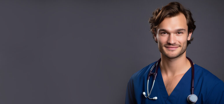 A Smiling Young Men Wearing Nurse Clothes In Dark Grey Background Generative Ai