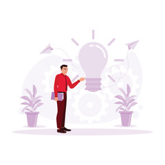 The male employee stands and holds the book, thinking of new ideas. Trend Modern vector flat illustration.