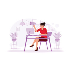Female secretary, working excitedly at the office desk, talking excitedly over the loudspeaker. Trend Modern vector flat illustration.