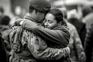 Fototapeta na wymiar The sadness of parting, A soldier leaving for battle shares his last hug with his loved one. generative AI