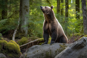 a brown bear standing on top of a rock in the middle of a forest with trees and moss growing around it