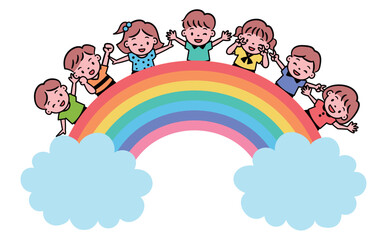 夏のこどもイベントやフェアイメージの虹と雲のキッズ・子どものコピースペースのあるベクターイラスト素材