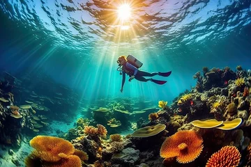 Poster a person swimming in the ocean with corals and anemones on their sides photo by shutterstocker © Golib Tolibov
