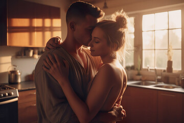 Image of young romantic couple hug by the window
