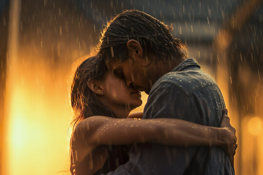 Image of romantic couple hugging in the rain