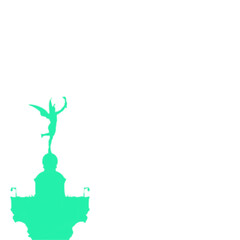 EPS vector silhouette of a winged Mercury holding a torch in an upraised arm, perched on one foot atop a column. Green silhouette on white background with clipping path.