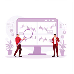 Two young business people work together in the office, discussing and checking stock prices. Trend Modern vector flat illustration.