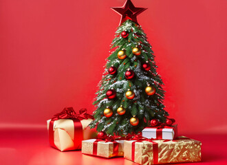 Christmas gift and Christmas tree with light and orange brick wall background.