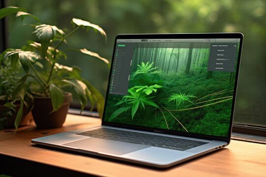 Laptop displaying tropical flowers and forest. Nature and technology theme