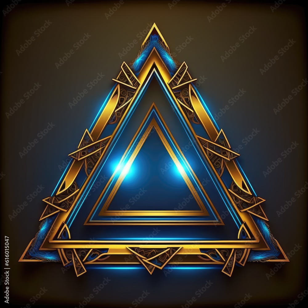Poster abstract art of multi layer glowing golden and blue triangle frame with vivid in chevrons game desig