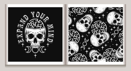 Vintage label, pattern with human skull like cup, labyrinth, stars, tripple goddes sign. Concept of sacred spirit, magic, expanded mind, psychic abilities. Mystical surreal illustration