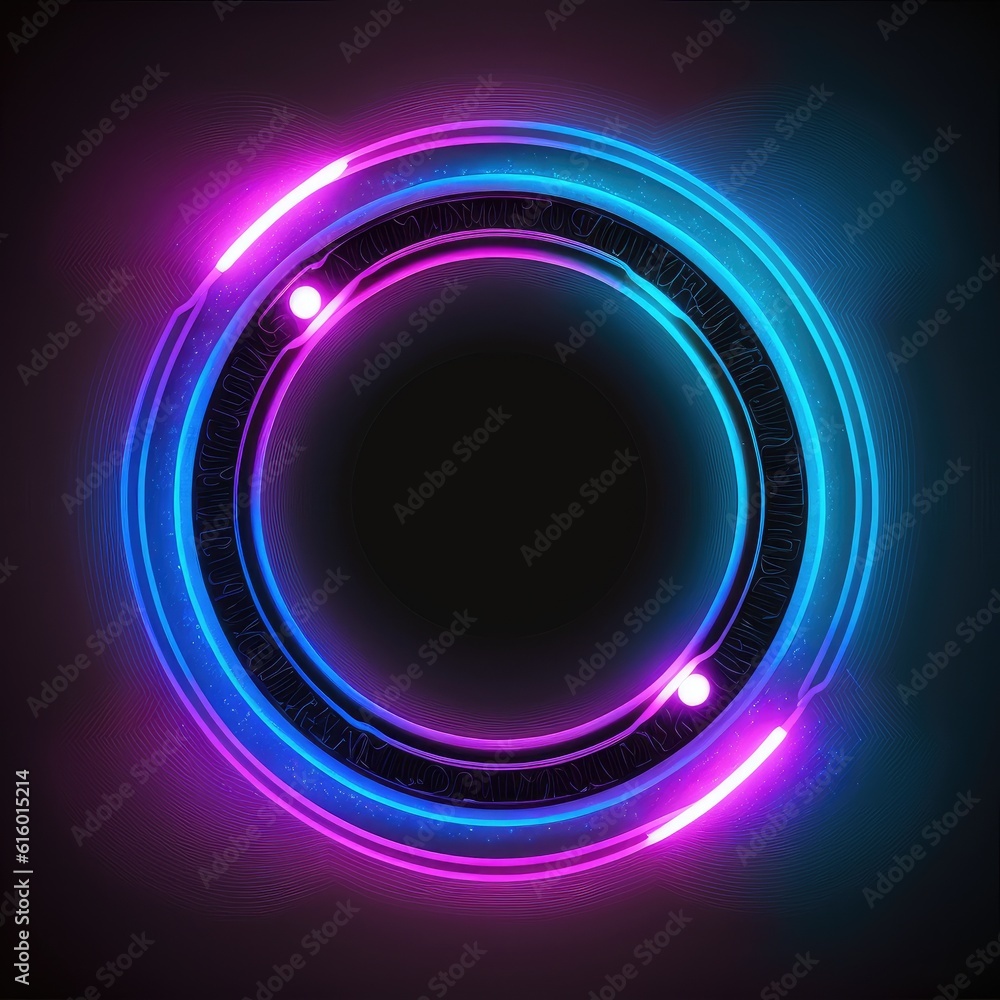 Poster overlapped lightning neon magical round effecting on black background. reflection of glowing digital