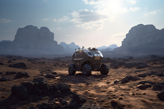 an off - road vehicle in the desert with rocks and mountains in the background on a sunny day at sunset