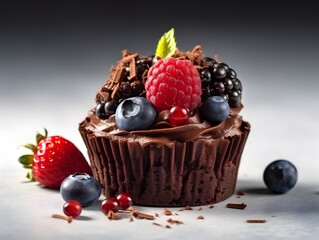 Food photography of chocolate cake with berry fruits. AI generated