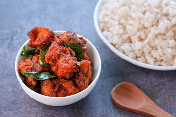Fried chicken Kebab or Kabab, Chicken Tikka Masala dark black background Bangalore Hyderabad South India. Top view of Indian non veg food.