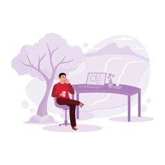 The male freelancer is relaxing, talking on the phone and enjoying a cold cup of coffee with his laptop on the table. Trend Modern vector flat illustration.