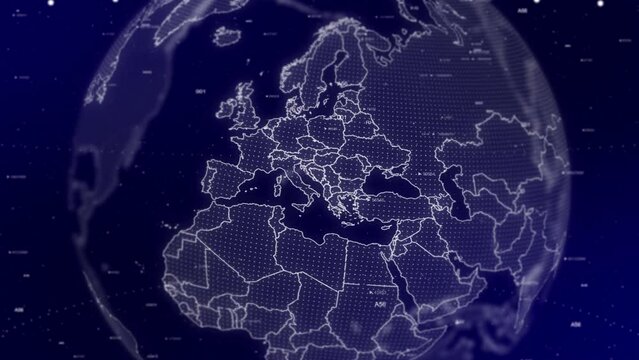 A cinematic video background showcases a digital globe rotating, zooming in on Albania country.Data analysis Technology Globe rotating on Albania Country data analysis technological background