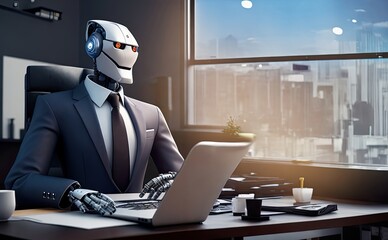 AI Robot with tie siting on a desktop woking in the computer, replacing a human in the office. - IA Generative 