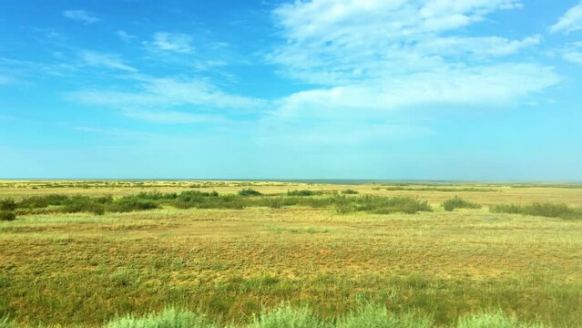 Endless steppes of Kazakhstan. Flat Earth. Constant winds. Tumbleweed. Video filmed handheld from the window of a fast moving car