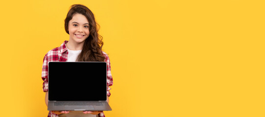 school presentation on computer. kid ready for video lesson. School girl portrait with laptop, horizontal poster. Banner header with copy space.