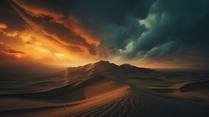 Fototapeta na wymiar a landscape of mountains far away and desert of sand dunes, sunset pierceing cloudy sky. generative AI