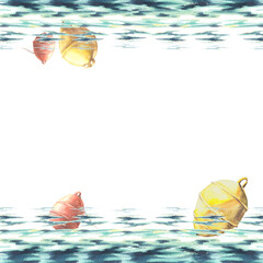 Watercolor frame red and yellow buoys at sea Hand painted illustration on white background