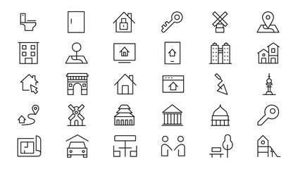Real Estate minimal thin line web icon set. Included the icons as realty, property, mortgage, home loan and more. Outline icons collection