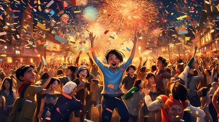 Happy people celebrating new year, fireworks in background, Generative Ai