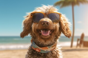 Poodle Dog on vacation on the beach, ai generative