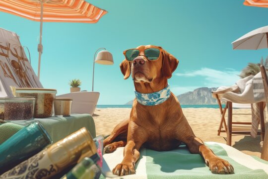 Dog on vacation on the beach, ai generative