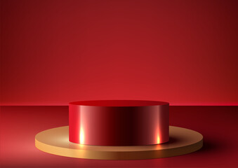 3D realistic empty red and gold podium stand on red background modern luxury style