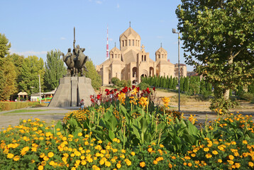 Fototapeta na wymiar Amazing Saint Gregory the Illuminator Cathedral and the Statue of Armenian Military Commander Andranik in Yerevan, Armenia