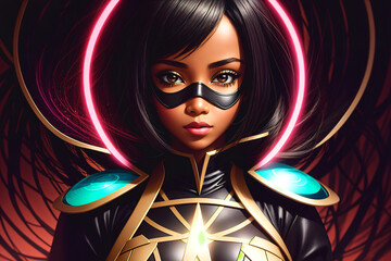 Female african american superhero. Portrait of black woman n fantastic costume and a super hero mask. Generative AI.