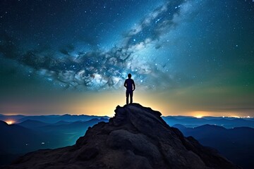 Fototapeta premium Silhouette of a man standing on top of a mountain and looking at the milky way with AI-Generated Images 
