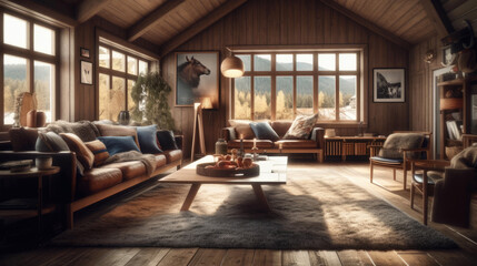 Fototapeta premium A cozy Norwegian cabin. Generative AI