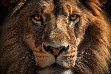 Fototapeta premium a lion's face with the sun shining through its eyes and mane, taken from close up to the camera
