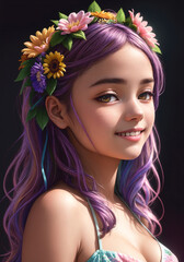 Fototapeta premium Beautiful girl with wreath of flowers on her head. Generative AI.