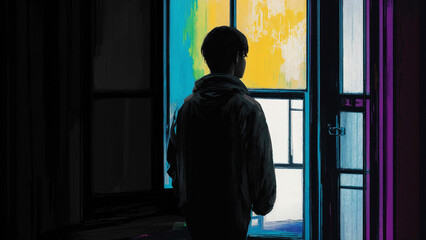 Silhouette of a sad or depressed young man in a window