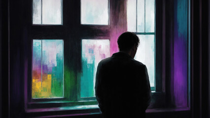 Fototapeta premium Silhouette of a sad or depressed man in a window